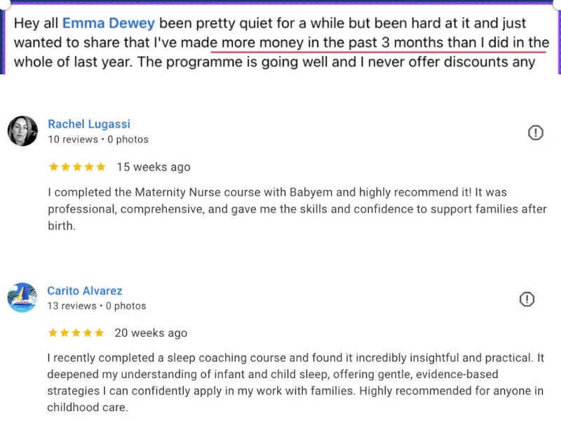 Google reviews for Babyem. Rachel Lugassi, five stars: I completed the Maternity Nurse course with Babyem and highly recommend it, professional, comprehensive, and it gave me the skills and confidence to support families after birth. Carito Alvarez, five stars: a sleep coaching course offering gentle, evidence-based strategies I can confidently apply in my work with families.